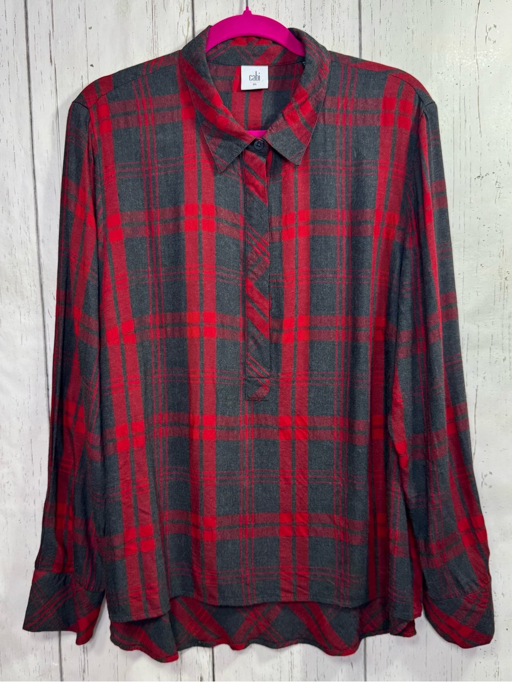Cabi Red Charcoal Plaid Flannel Front Button Tunic Shirt XL Cozy Fall Cabincore